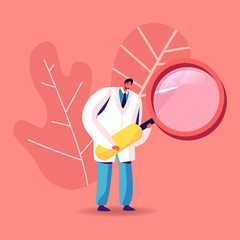 Male Doctor Character in White Medical Robe Looking in Huge Magnifying Glass. Clinic Medicine Profession, Hospital Healthcare Staff at Work, Practitioner Research Disease. Cartoon Vector Illustration