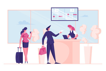 Passengers Characters with Luggage Stand in Queue Prepare Documents for Flight Registration in Airport. Check in Boarding with Friendly Staff, Departure Information. Cartoon People Vector Illustration