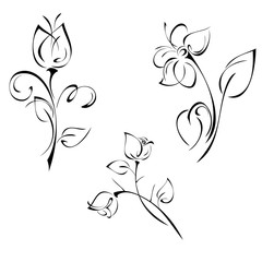 ornament 1096. three separate decorative flowers on stems with leaves in black lines on a white background