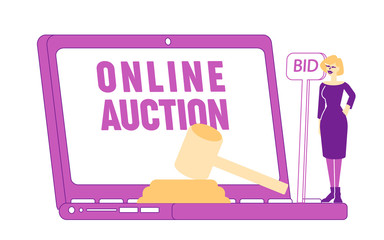 Woman Buy Assets in Internet Using Online Platform, Female Character Holding Bid Banner at Huge Laptop with Online Auction Inscription on Screen and Wooden Hammer, Business. Linear Vector Illustration