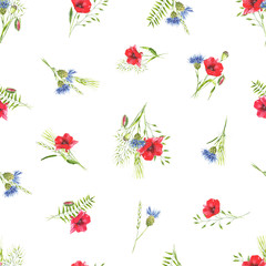 watercolor summer pattern wildflowers, plant, leaves. Meadowflowers