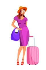 Smiling beautiful young woman with luggage bag on wheels wearing violet dress standing isolated on white backdrop. Female traveler waiting for taxi service. Cartoon character. Vector illustration.