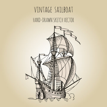 Old caravel, vintage sailboat. Hand drawn vector sketch.