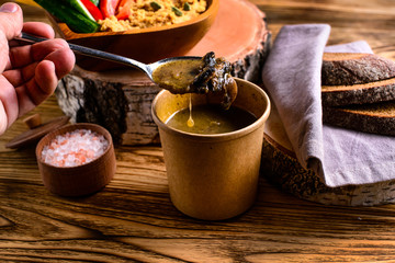 mushroom soup in an eco-friendly bowl