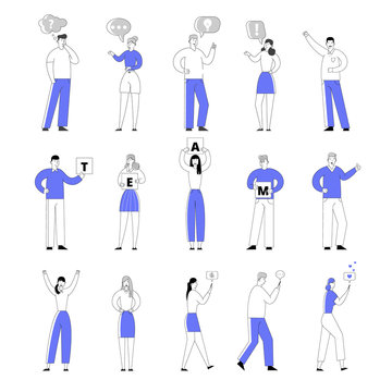 Set of Male and Female Characters Teamwork Cooperation and Social Media Communication. People Holding Banners with Team Inscription, Chatting on Mobile Phone in Internet. Linear Vector Illustration