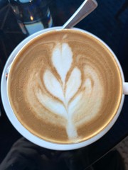 A cup of Cappuccino with leaf latte art on top; taken from above at a cafe. No people