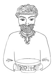 liner drawing of a man in ancient clothes with a cup in his hands on a white background, the Celtic god Dagda with a cup of fate in his hands, the cup of the solstice and prosperity, a symbol of the a