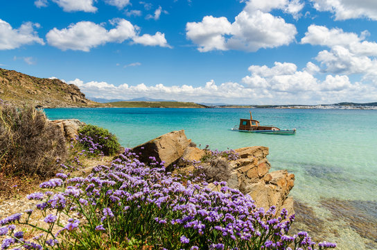 Beautiful coast of Paros island in Monastiri bay. Cyclades, Greece