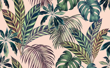 Watercolor painting colorful tropical leaf,green leave seamless pattern background.Watercolor hand drawn illustration tropical exotic leaf prints for wallpaper,textile Hawaii aloha summer style.. - obrazy, fototapety, plakaty