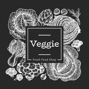 Hand drawn sketch vegetables design. Organic fresh food vector banner template. Retro vegetable background. Engraved style botanical illustrations on chalk board.