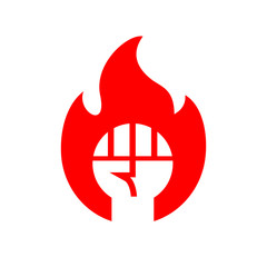Raised fist with fire logo template, fire flame and clenched hand symbol, revolution sign