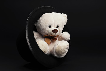 white teddy bear on dark background. Diferent poses of toy bear