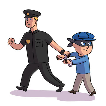 Vector character policeman detained bully teenager
