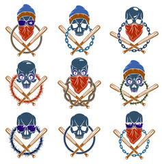 Gangster emblem logo or tattoo with aggressive skull baseball bats and other design elements, vector set, criminal ghetto vintage style, gangster anarchy or mafia theme.