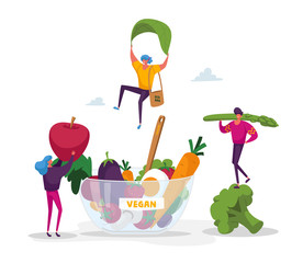 Tiny Characters Bring Fruits and Vegetables into Huge Bowl. Vegetarian Diet as Source of Energy and Health, Healthy Lifestyle, Organic Vegan Food Choice Concept. Cartoon People Vector Illustration