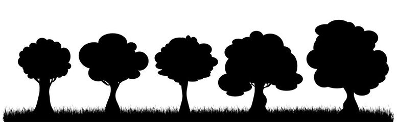 Vector silhouette of tree in meadow on white background. Symbol of nature and plant.