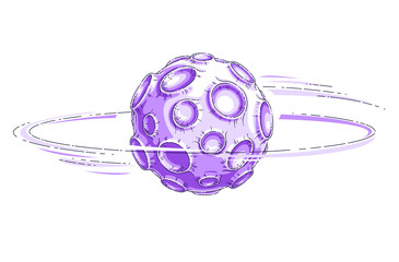 Small cartoon vector fantastic planet with craters from asteroid and meteorite rains fall. Thin line 3d vector illustration isolated on white background.