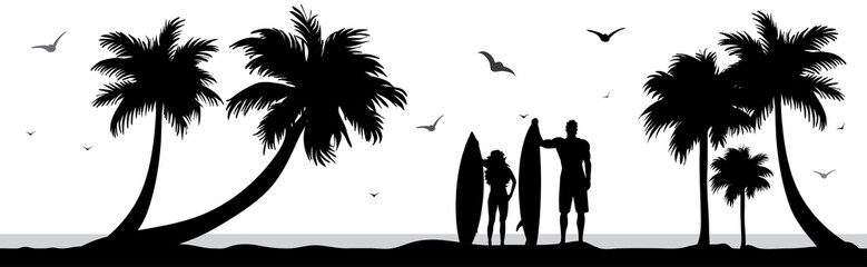 Vector silhouette of surfers on palm beach on white background. Symbol of nature and sport.
