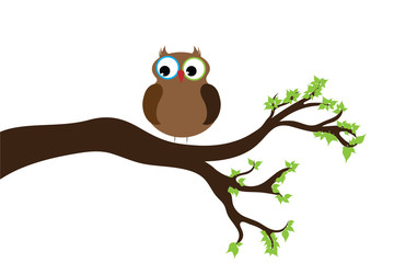 Vector silhouette of branch with owl on white background. Symbol of nature.