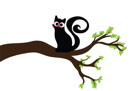 Vector silhouette of branch with cat on white background. Symbol of nature.