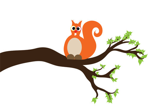 Vector silhouette of branch with squirrel on white background. Symbol of nature.