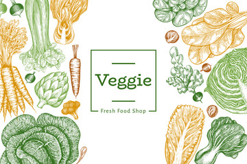 Hand drawn sketch vegetables design. Organic fresh food vector banner template. Retro vegetable background. Engraved style botanical illustrations.