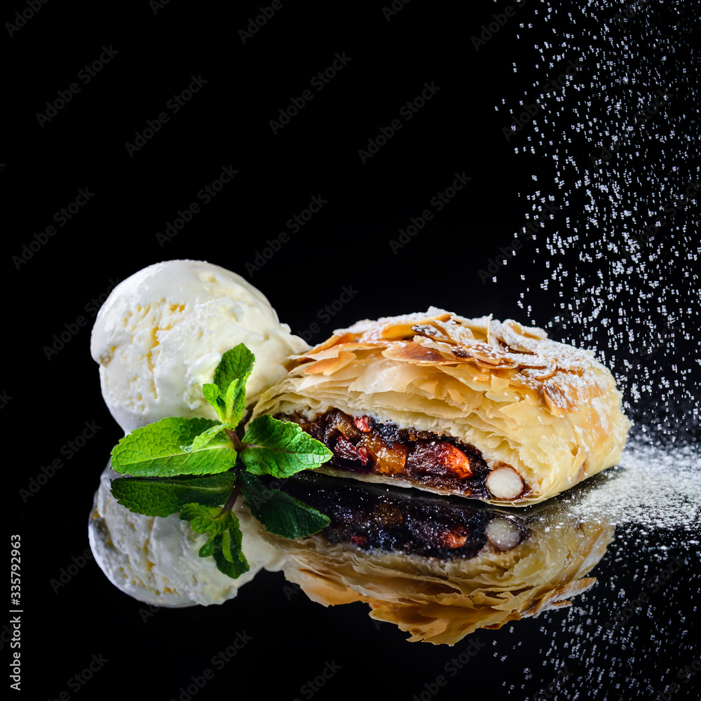 Poster strudel with nuts and ice cream