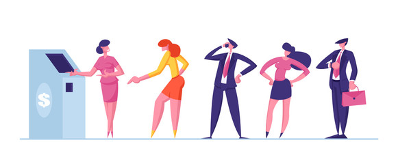 Male and Female Clients Characters Stand in Queue in Bank Waiting Appointment. Manager or Bank Worker Invite Clients, Providing Services to Customers, Atm Machine. Cartoon People Vector Illustration
