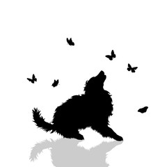 Vector silhouette of dog with butterflies on white background. Symbol of animal.
