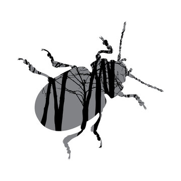Vector silhouette of beetle with trees on background. Symbol of forest.