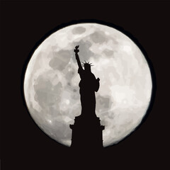 Vector silhouette of Statue of Liberty with moon background. Symbol of night. © majivecka