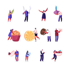 Set Male and Female Characters Hold Different Food Isolated on White Background. People Holding Bakery and Sweets, Onion and Green Peace, Fresh Berries, Fork and Knife. Cartoon Vector Illustration