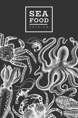 Seafood design template. Hand drawn vector seafood illustration on chalk board. Engraved style food banner. Retro sea animals background