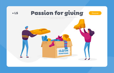 Characters Volunteers of Charity Organization Collecting Clothes for Beggars Living on Street. Landing Page Template. Girl Hold Show from Box with Donated Dressing. Cartoon People Vector Illustration