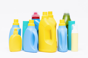 Detergent plastic bottles isolated on white background.