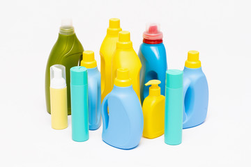 Detergent plastic bottles isolated on white background.