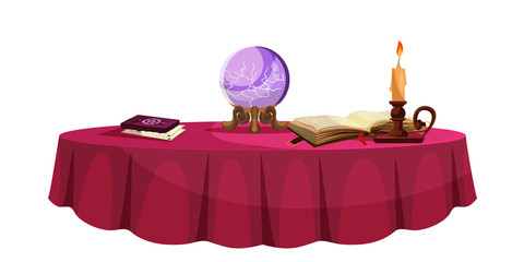 Vector magic ball, book, tarot, candle on desk