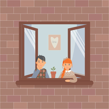 Children stay at home during the quarantine. Kids look sadly out of an open window during a virus epidemic.Cute picture on wall and home plant in a pot on the window.Vector colourful illustration