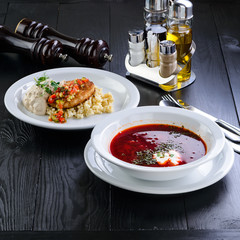two dishes on the table - lunch with borsch