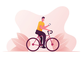 Male Character Riding Bicycle with Smartphone in Hand Using Free Network App and Orienting in City with Mobile App and Gps Navigator. Healthy Lifestyle, Smart Technologies. Cartoon Vector Illustration