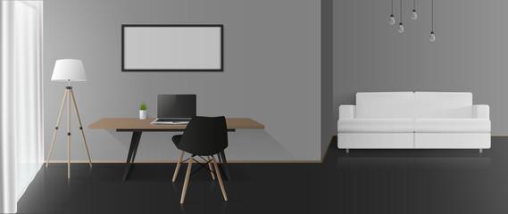 Modern room with gray walls, a work area and a seating area. Sofa, table, chair, floor lamp, laptop. Vector.