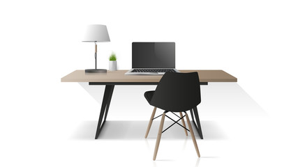 Modern workplace isolated on a white background. Wooden office table, laptop, armchair, table lamp. Element for office design. Realistic vector.