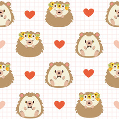 The seamless pattern of cute hedgehog with heart in wedding theme on the white background and line. The character of cute hedgehog wear a flower crown and bowtie in flat vector style.