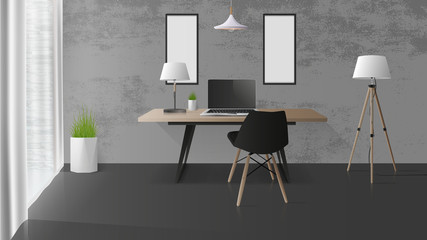 Modern workplace in a stylish loft room. Wooden office table, laptop,  chair, table lamp. Office design element. Realistic vector