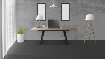 Modern workplace in a stylish loft. Wooden office desk, laptop, table lamp. Office design element. Realistic vector
