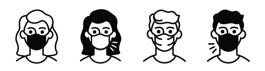 icons man in protective medical mask, woman with mouth mask sick and healthy.