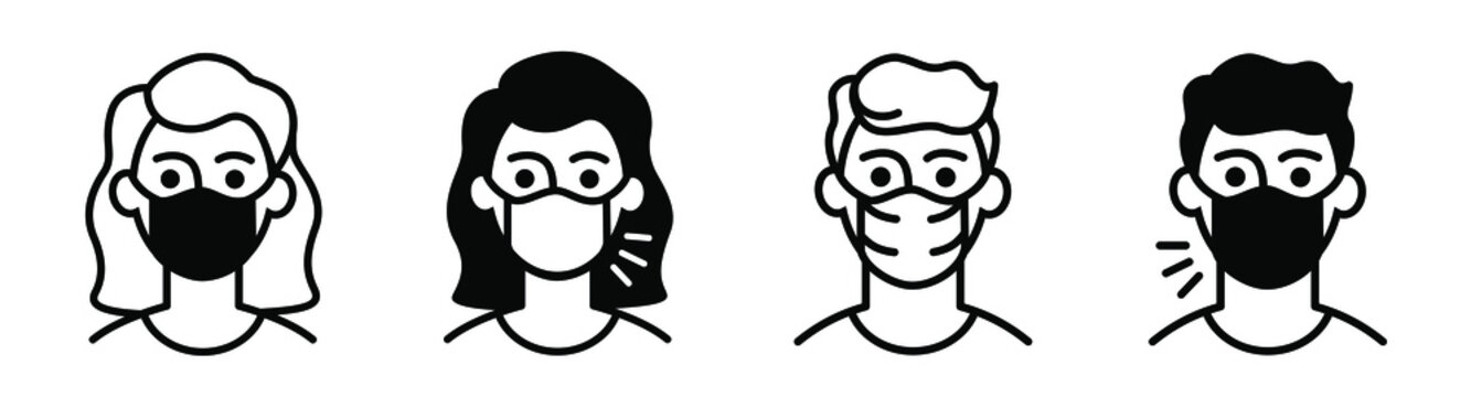 icons man in protective medical mask, woman with mouth mask sick and healthy.