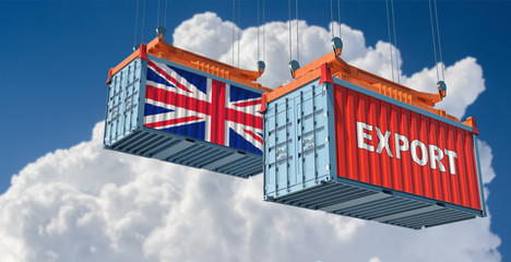 Shipping containers with United Kingdom flag. 3D Rendering 