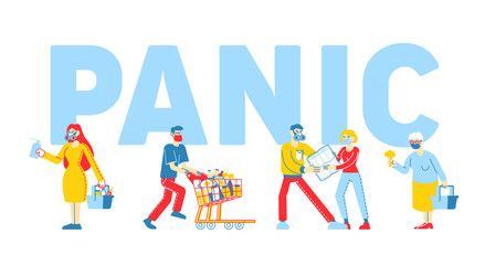 Fototapeta premium Panic in Supermarket Concept. People Buying Up all Goods in Store, Fighting for Toilet Paper, Male and Female Characters Prepare for Doomsday, Covid-19 Poster Banner Flyer Linear Vector Illustration
