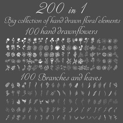 Huge doodle collection of 200 hand-drawn floral elements. Big collection of 100 hand-drawn flowers and 100 brunches and leaves. Big floral botanical set isolated on a white background